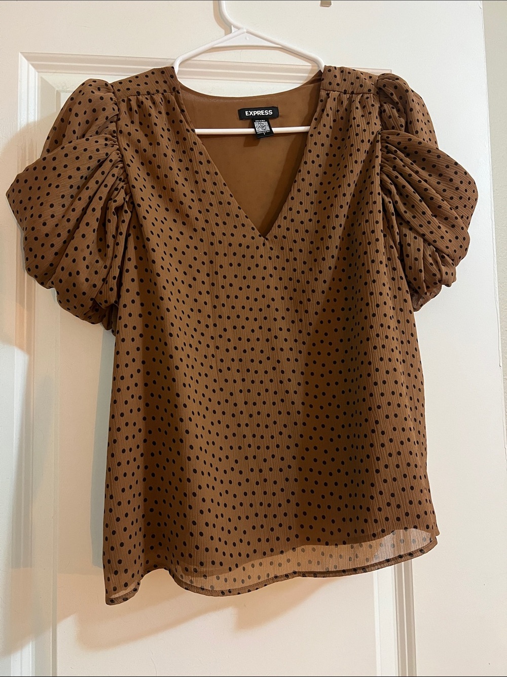 Express Brown Polka Dot Puff Sleeve V-Neck Top